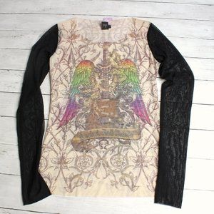 Vintage Womens Graphic Mesh T Shirt Top Size L Tattoo Art Guitar Wings